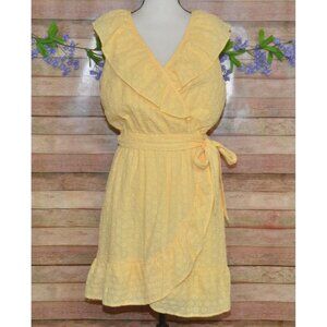 LC Lauren Conrad Womens M Yellow Eyelet Wrap Dress Ruffled Easter Summer Ties
